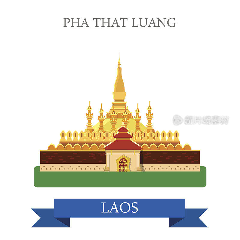 老挝的Pha That Luang。平面卡通风格的历史景点展示景点网站矢量插图。世界各国城市度假旅游观光亚洲收藏。